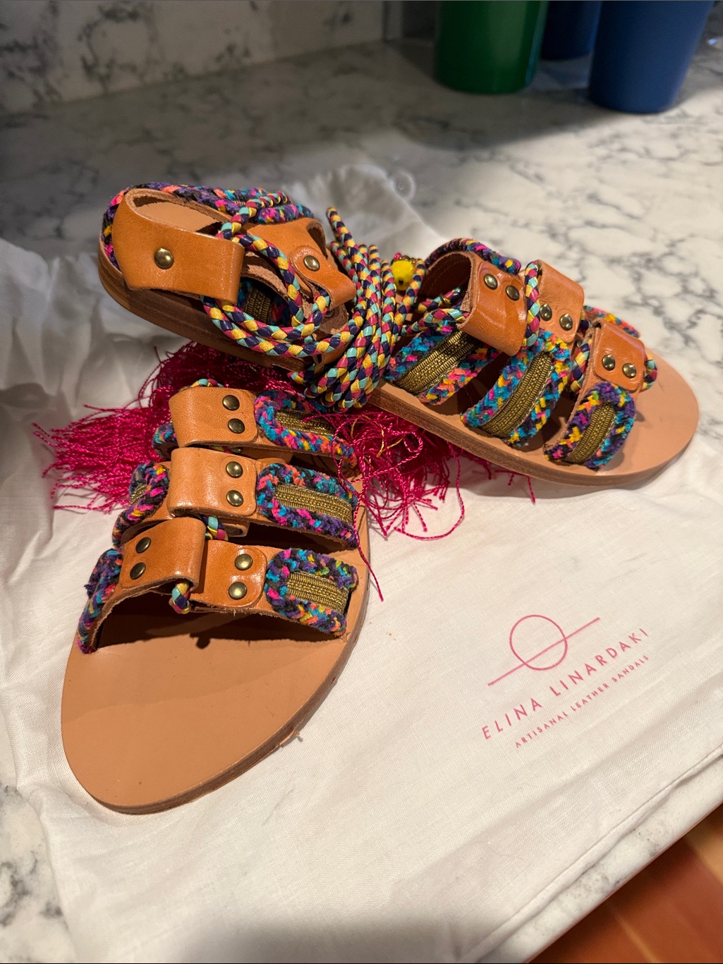 Elina Linardaki Tan Leather Sandals With Multicolor Braided Straps